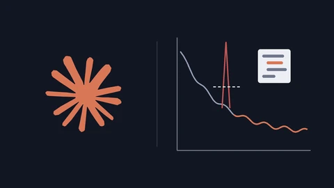 The orange Claude starburst symbol on a dark background at left and, at right, a drawing of a falling loss curve where a dashed line cuts off a red spike, beside a document of code bars.