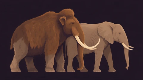 AI-generated flat illustration of a shaggy brown woolly mammoth standing beside a smaller grey elephant, both facing right, on a dark plum background. No text.