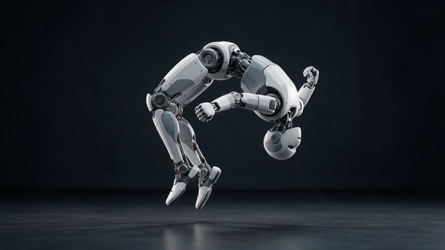 AI-generated illustration of a white and grey humanoid robot upside down in the middle of a backflip, knees tucked, above a dark reflective floor. No text.