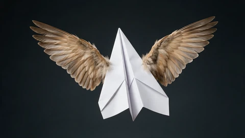 AI-generated illustration of a folded white paper airplane with two tan feathered bird wings spread upward, on a dark charcoal background. No text.