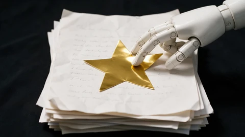 AI-generated illustration: a white robotic hand pressing a large shiny gold star sticker onto the top page of a stack of crumpled hand-written pages, on a black background.