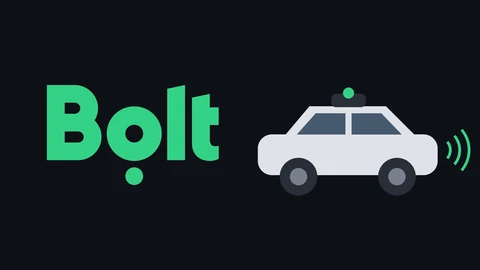 The green Bolt wordmark logo on the left of a near-black canvas, and on the right a simple drawing of a white car seen from the side with a dark roof sensor pod and green sensing arcs at its front.