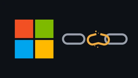 The four coloured squares of the Microsoft symbol on the left of a near-black canvas, and on the right a row of three chain links, grey on the ends and a broken amber link in the middle. No text.