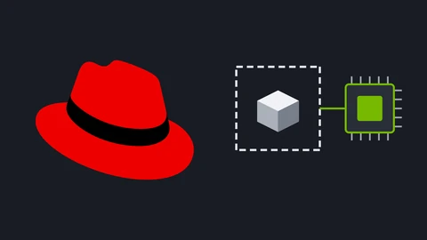 The red Red Hat fedora logo on the left of a dark grey canvas, and on the right a grey cube inside a dashed white square, linked by a green line to a simple green computer chip. No text.