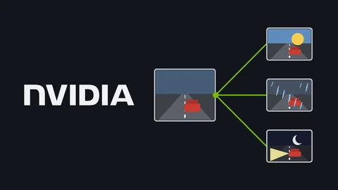 The white NVIDIA wordmark on the left of a near-black canvas; on the right a simple drawing of a road with a red car, linked by green lines to three smaller versions of the same scene in sunshine, rain and at night.