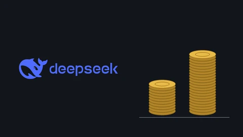 The blue DeepSeek whale logo and wordmark on the left of a near-black canvas; on the right two stacks of gold coins on a thin line, the right stack about twice as tall as the left.