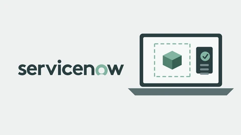 The dark green ServiceNow wordmark on the left of a pale grey canvas; on the right a drawn laptop whose screen shows a green cube inside a dashed square and a dark card with a tick mark.