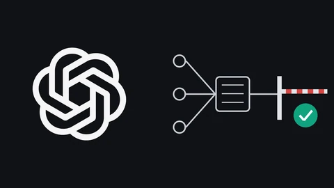 The OpenAI knot symbol in off-white on the left of a near-black canvas; on the right three circles connect to a box, which leads to a red and white barrier gate beside a green tick badge.