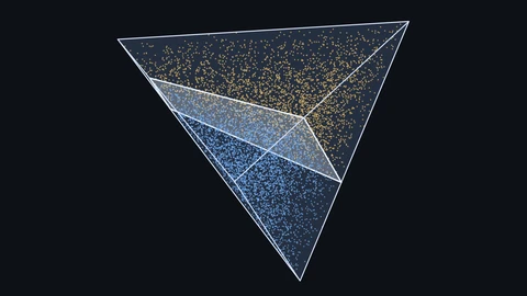 A translucent wireframe tetrahedron on a near-black background, filled with tiny dots and sliced by a single flat white plane, with amber dots above the cut and blue dots below it.