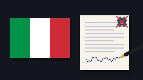 The green, white and red flag of Italy on a dark background, beside a drawn paper document with grey text lines, a computer chip crossed out in red in its corner and a pen finishing a handwritten signature.