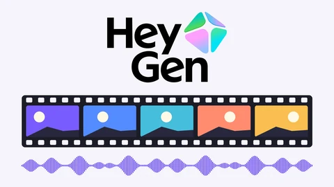 The HeyGen wordmark in black with its multicoloured gem symbol on a pale background, above a dark film strip of five coloured frames and a purple sound waveform.
