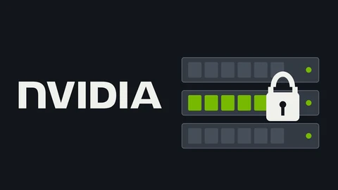 The NVIDIA wordmark in off-white on a near-black background, beside a drawing of three stacked grey server trays, the middle one lit with green GPU blocks and covered by a large white padlock.