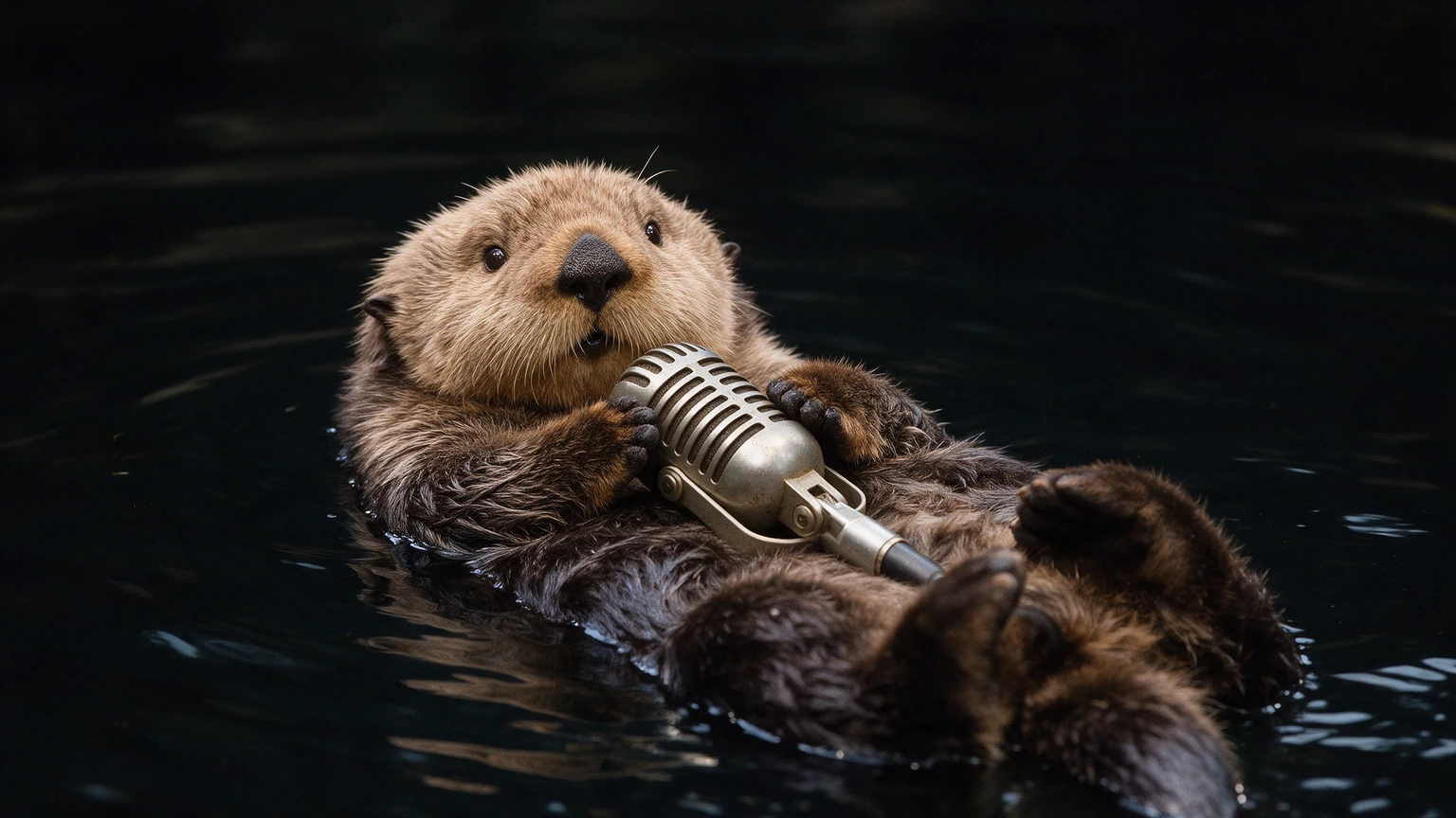 AI-generated illustration of a sea otter floating on its back in dark water, holding a silver vintage studio microphone on its chest. No text.