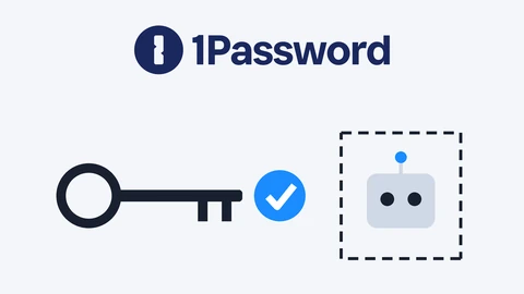 The 1Password wordmark with its keyhole symbol on a pale background, above a drawing of a dark key, a blue tick in a circle and a grey robot head inside a dashed square.
