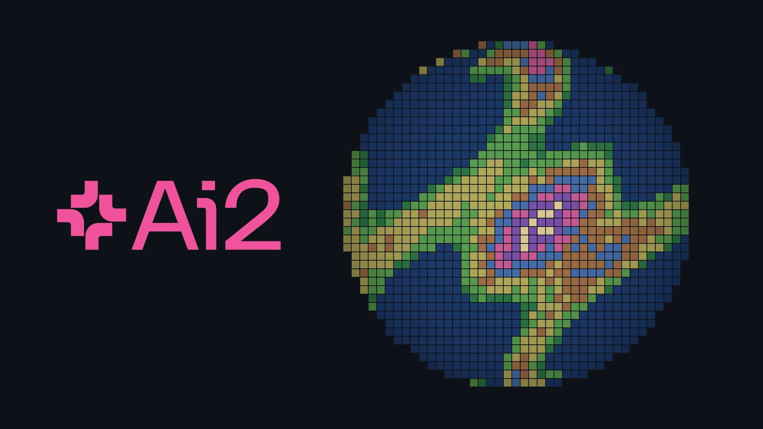 The pink Ai2 logo on a dark background beside a drawing of a globe made of small square tiles in green, yellow, brown, blue and magenta.