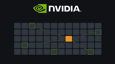 The NVIDIA logo on a dark background above a grid of grey server nodes, one glowing amber and connected by green lines to five outlined nodes elsewhere in the grid.