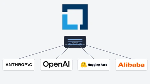 The Linux Foundation logo at the top, connected by thin lines from a dark hub tile to four white tiles holding the Anthropic, OpenAI, Hugging Face and Alibaba logos on a light grey background.