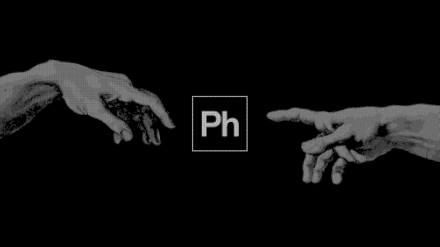 Stippled white hands reach toward a small square Ph mark on a black background, the Gradium Phonon hero graphic.