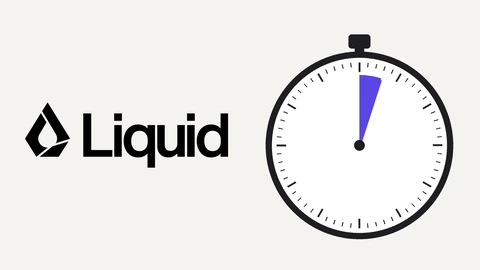 The black Liquid AI logo and wordmark on an off-white background beside a large stopwatch whose hand has swept only a thin violet slice of the dial.