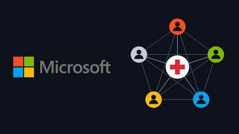 The four-colour Microsoft logo on a dark background beside five coloured person icons linked in a pentagon around a white circle with a red medical cross.