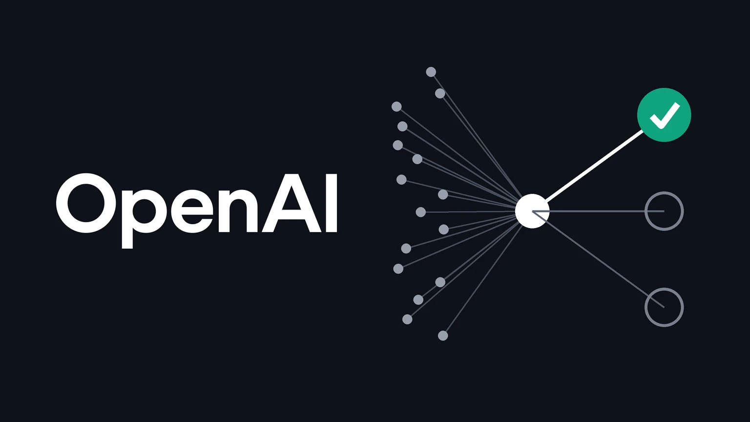 The white OpenAI wordmark on a dark background beside a drawing of many grey dots whose lines meet at a white node, which branches to three circles, the top one a green circle with a white check mark.