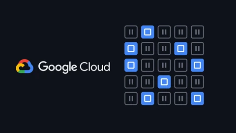 The Google Cloud logo, a red, blue, yellow and green cloud with the words Google Cloud, on a dark background beside a five by five grid of squares, eight of them solid blue and the rest grey outlines with pause symbols.