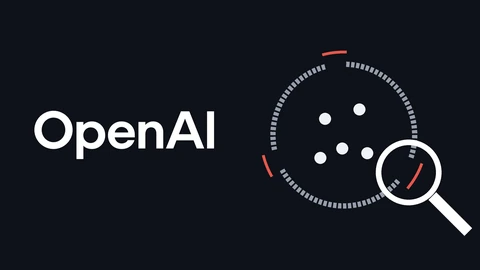 The white OpenAI wordmark on a dark background beside a dashed grey ring around five white dots, with three gaps in the ring marked by red arcs and a white magnifying glass held over one of the gaps.