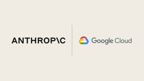 The black Anthropic wordmark on the left and the Google Cloud logo, a red, blue, yellow and green cloud with the words Google Cloud, on the right, separated by a thin grey line on a light beige background.