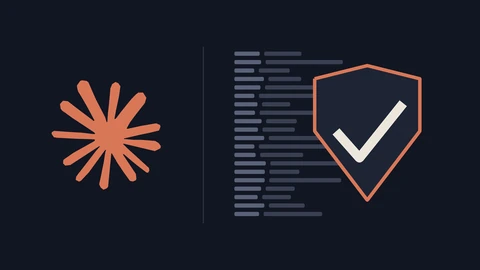 The orange Claude starburst symbol on a dark background at left and, at right, rows of grey bars like lines of code behind an orange-outlined shield with a white check mark.