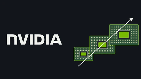 The NVIDIA wordmark and green eye logo on a dark background at left and, at right, three green chip package substrates with dotted solder grids growing larger along a white upward arrow.