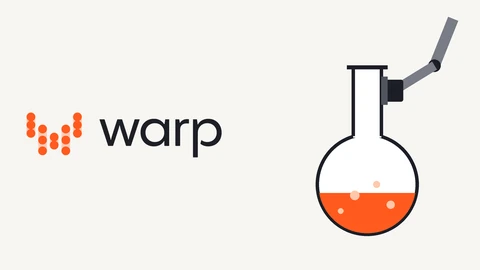 The Warp Sciences logo, an orange W made of dots beside the word warp, on an off-white background, and a drawing of a round-bottom flask of orange liquid held at the neck by a grey robot arm.