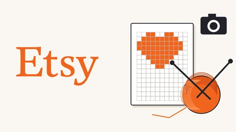 The orange Etsy wordmark on a cream background at left and, at right, a knitting chart with an orange heart, a ball of orange yarn with two needles, and a small black camera.