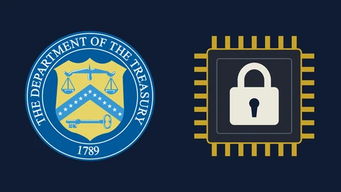The blue and gold seal of the US Department of the Treasury on a navy background at left and, at right, a computer chip with gold pins and a large cream padlock on it.