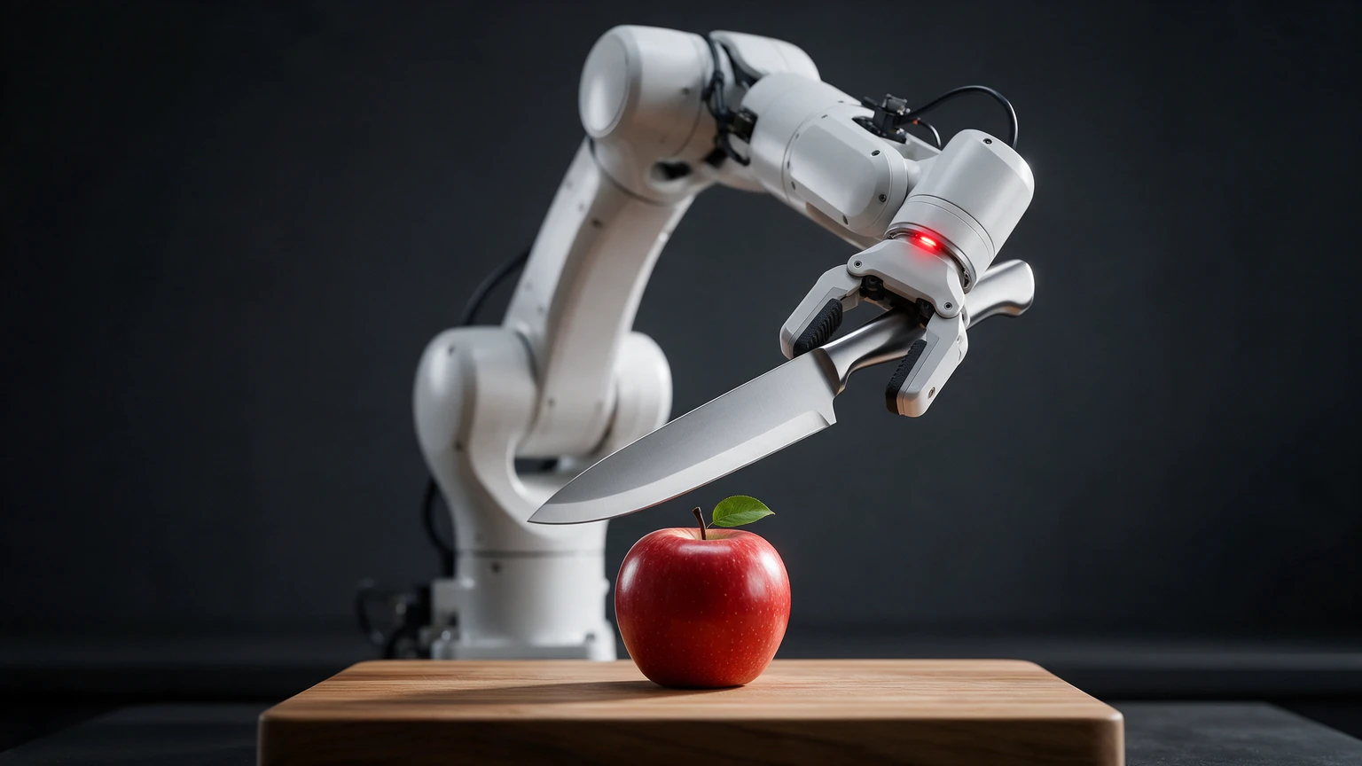 AI-generated illustration of a white robot arm on a dark background gripping a large kitchen knife over a red apple on a wooden cutting board, with a small red light glowing at its wrist. No people and no text.