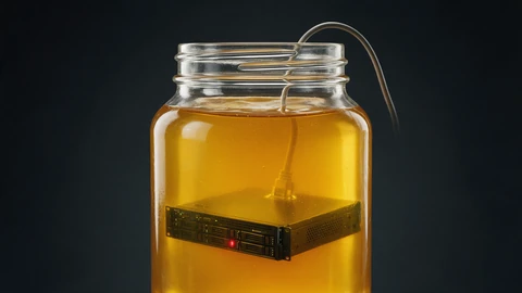 AI-generated illustration of a black rack-mounted server sitting inside a large glass jar full of golden honey, with a network cable leading out of the open lid and a small red light on the server, on a dark background.