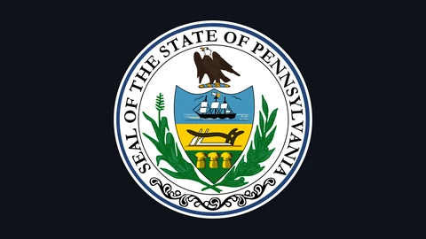 The round seal of the State of Pennsylvania, an eagle above a shield with a sailing ship, a plough and three sheaves of wheat, framed by a stalk of corn and an olive branch, centred on a dark background.