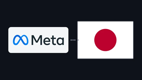 The Meta logo, a blue infinity-style loop beside the word Meta, on a light panel at left, and the flag of Japan, a red disc on white, at right, on a dark background.
