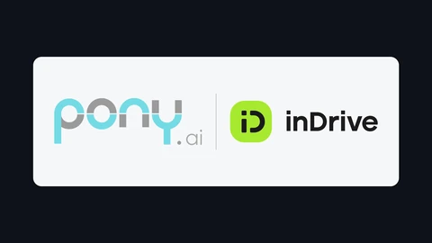 The Pony.ai logo in cyan and grey beside the green inDrive app icon and black inDrive wordmark, on a light panel over a dark background.