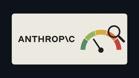The black Anthropic wordmark on a light panel beside a drawn five-colour risk gauge, its needle near the low end, with a magnifying glass over the gauge.