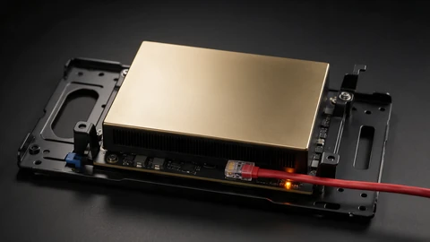 AI-generated illustration of a single gold-topped data-center GPU module mounted on a black metal server tray, with a red network cable plugged into it and a small amber status light glowing, on a dark background.