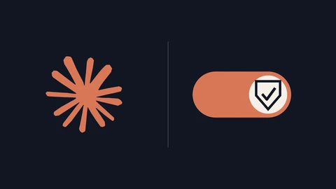 The orange Claude starburst symbol on a dark background at left and, at right, an orange toggle switch turned on, with a shield and check mark on its knob.