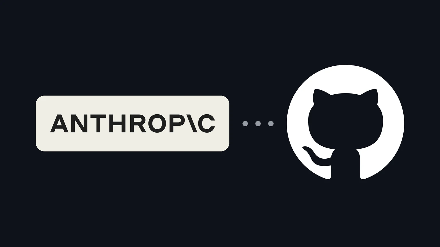 The black Anthropic wordmark on a light panel at left and the white GitHub cat silhouette logo at right, separated by three grey dots on a dark background.