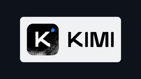 The Kimi logo, a white letter K with a small blue dot on a black rounded square, beside the black word KIMI on a light panel against a dark background.