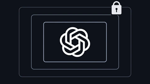 The white OpenAI knot symbol sits inside three nested grey outlined boxes, with a white padlock on the outermost wall, on a dark background.
