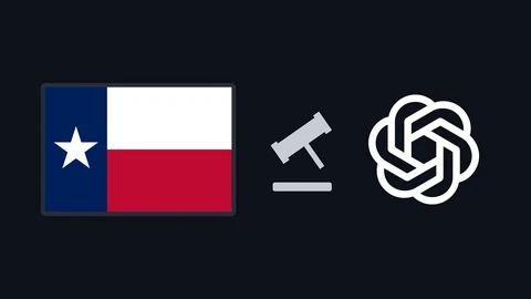 The Texas flag with its lone white star on blue, a simple grey gavel and the white OpenAI knot symbol, side by side on a dark background.