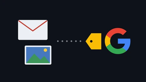 A drawn envelope and photo frame linked by a dotted line to a yellow tag and the four-colour Google G logo on a dark background.