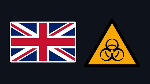The Union Flag of the United Kingdom on a light panel next to a yellow triangular biological hazard warning sign with the black biohazard symbol, on a dark background.