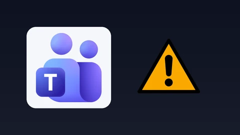 The purple Microsoft Teams logo on a light panel next to a yellow triangular warning sign with a black exclamation mark, on a dark background.