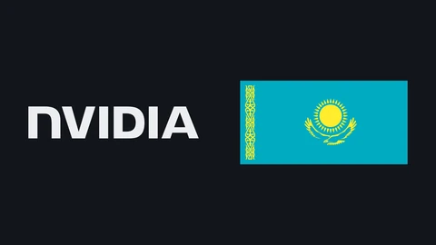 The white NVIDIA wordmark on a dark background at left and the sky-blue flag of Kazakhstan with its golden sun, eagle and ornamental stripe at right.