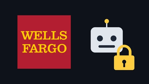 The red and yellow Wells Fargo logo on a dark background beside a drawing of a grey robot head and a yellow padlock.